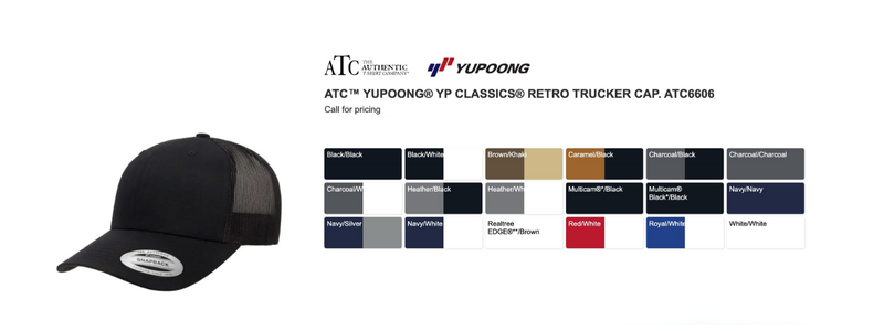 Black and mesh trucker cap on the left, with a color swatch selection on the right demonstrating various color options for Yupoong trucker caps.