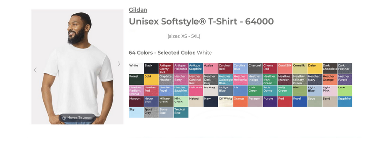 Man wearing a plain white Gildan Unisex Softstyle T-shirt. Displayed below are swatches of 64 colors available, including sizes XS to 5XL.