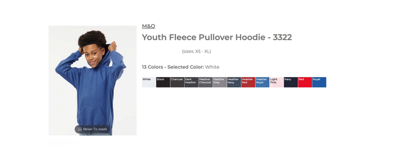 Child wearing a blue hoodie with hands up, alongside product info for a Youth Fleece Pullover Hoodie available in 13 colors, sizes XS to XL.