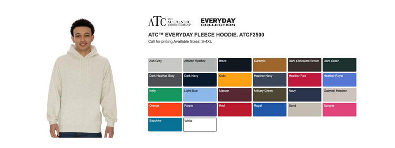 A person wearing a light beige hoodie stands next to a color chart displaying various hoodie options. Text includes product details and colors.
