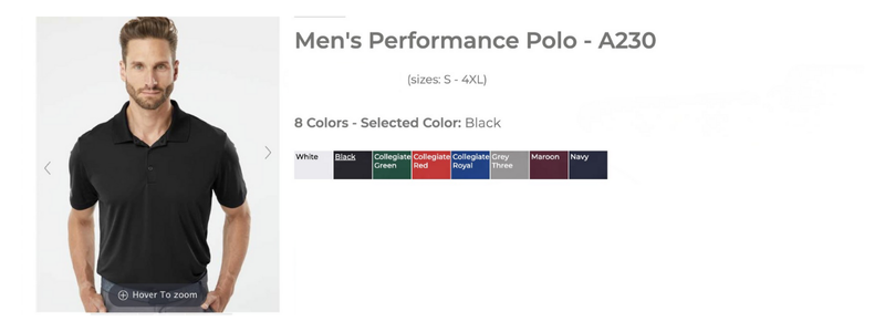 Man wearing a black performance polo shirt. Text mentions "Men's Performance Polo - A230" available in sizes S to 4XL and eight colors, with black