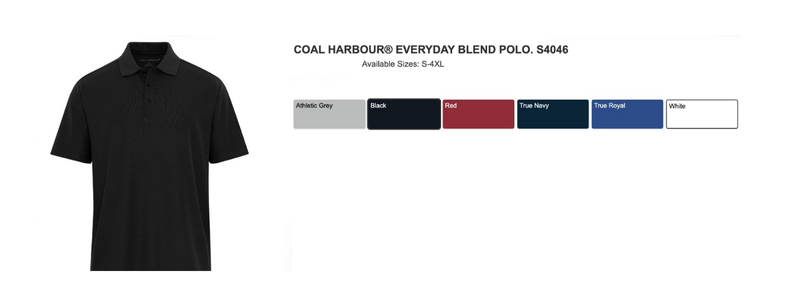 Black short-sleeve polo shirt on left. On right, text "Coal Harbour Everyday Blend Polo" with size options S-4XL and color swatches: grey, black,