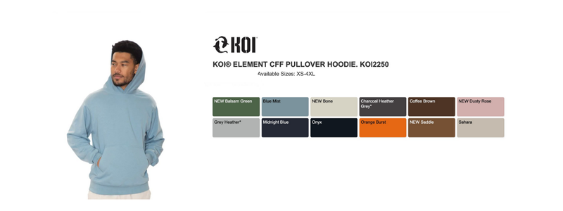 Man wearing a blue hoodie on the left. Right side shows KOI Element CFF pullover hoodie in various colors and sizes XS-4XL.