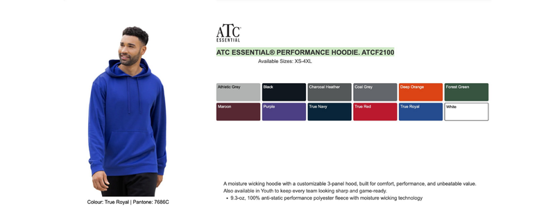 Man wearing a blue hoodie on the left. On the right, there is a color swatch and description for ATC Essential performance hoodies.
