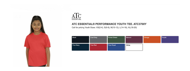 A young person wearing a red T-shirt is next to a color selection chart featuring nine different colors for the ATC Essential® youth tee.
