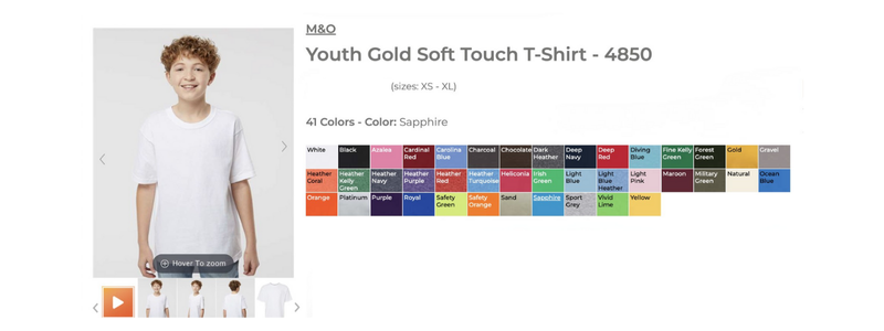 A person wearing a plain white youth T-shirt. Product details show "Youth Gold Soft Touch T-Shirt" available in 41 colors, including Sapphire.