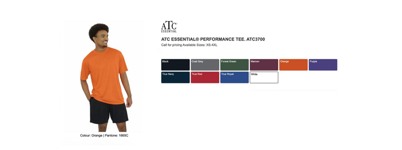 Man wearing an orange T-shirt and black shorts from ATC Essential® Performance Tee collection, with color options and size details displayed on